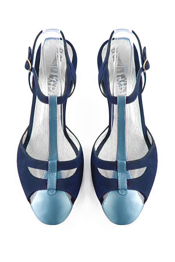 Peacock blue women's open back T-strap shoes. Round toe. Medium slim heel. Top view - Florence KOOIJMAN